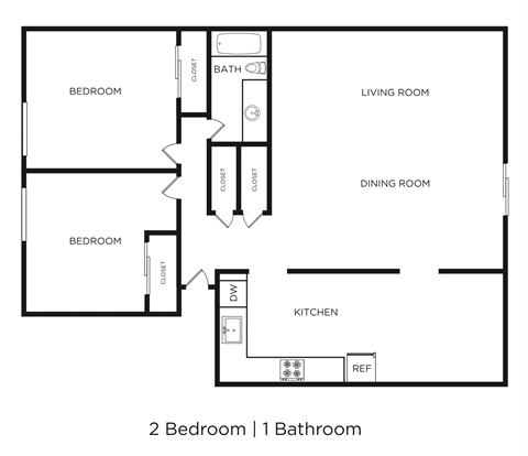 Floor plan for 2 beds, 1 bath, 838 sqft